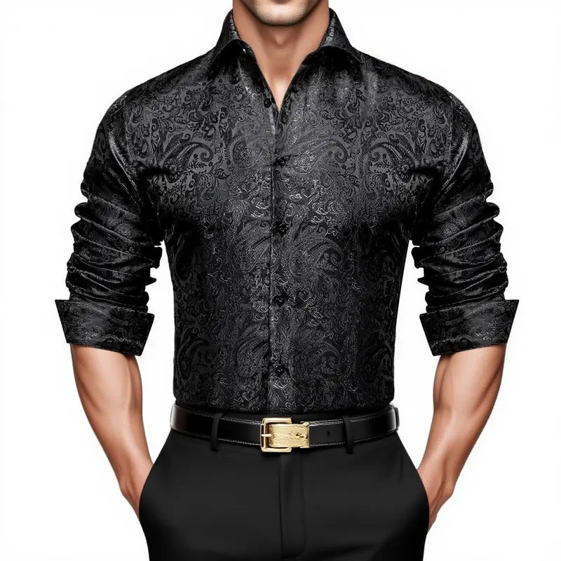Men's Luxury Paisley Silk-Feel Button Down Shirt