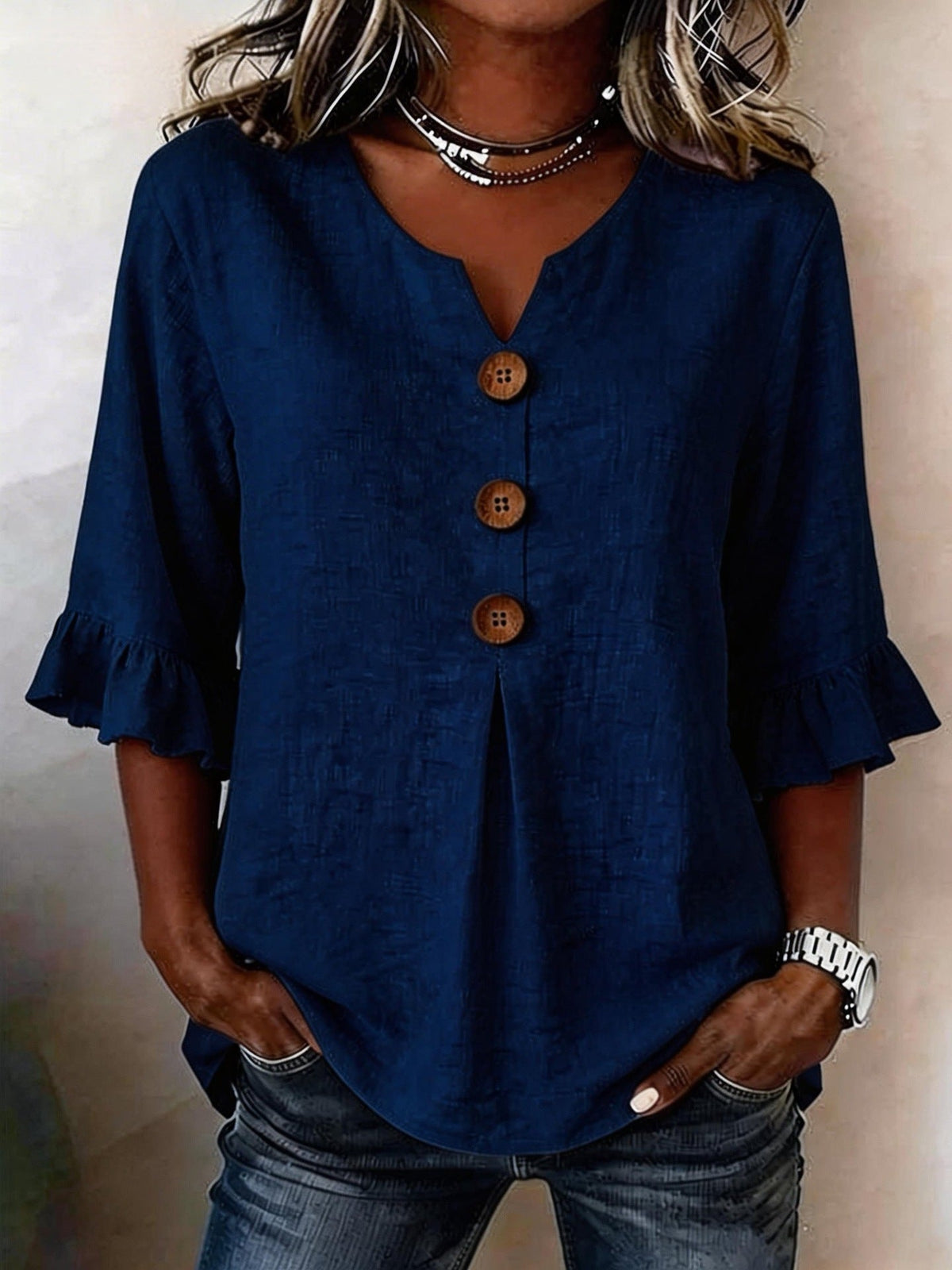 Summer Women's V-neck Cotton Linen Button-up Top