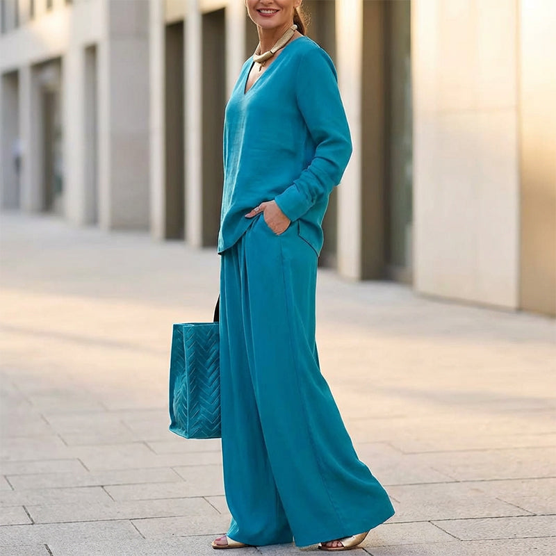 ✨ NEW! Women's V-Neck Lounge Set with Wide-Leg Pants